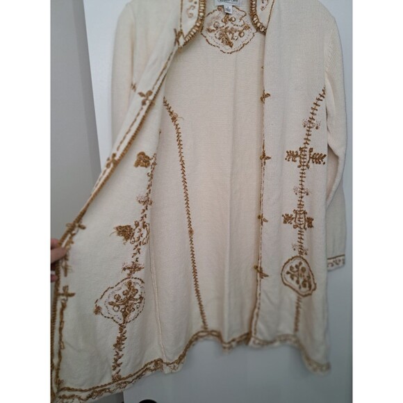 Coldwater Creek S Women's Long Cardigan Ivory Gold w/ Embroidery Toggle Buttons - Picture 2 of 16
